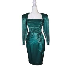 VTG 80's/90's Green Satin Dress Women 4 Pleated Bodice Open Back Prom Formal USA